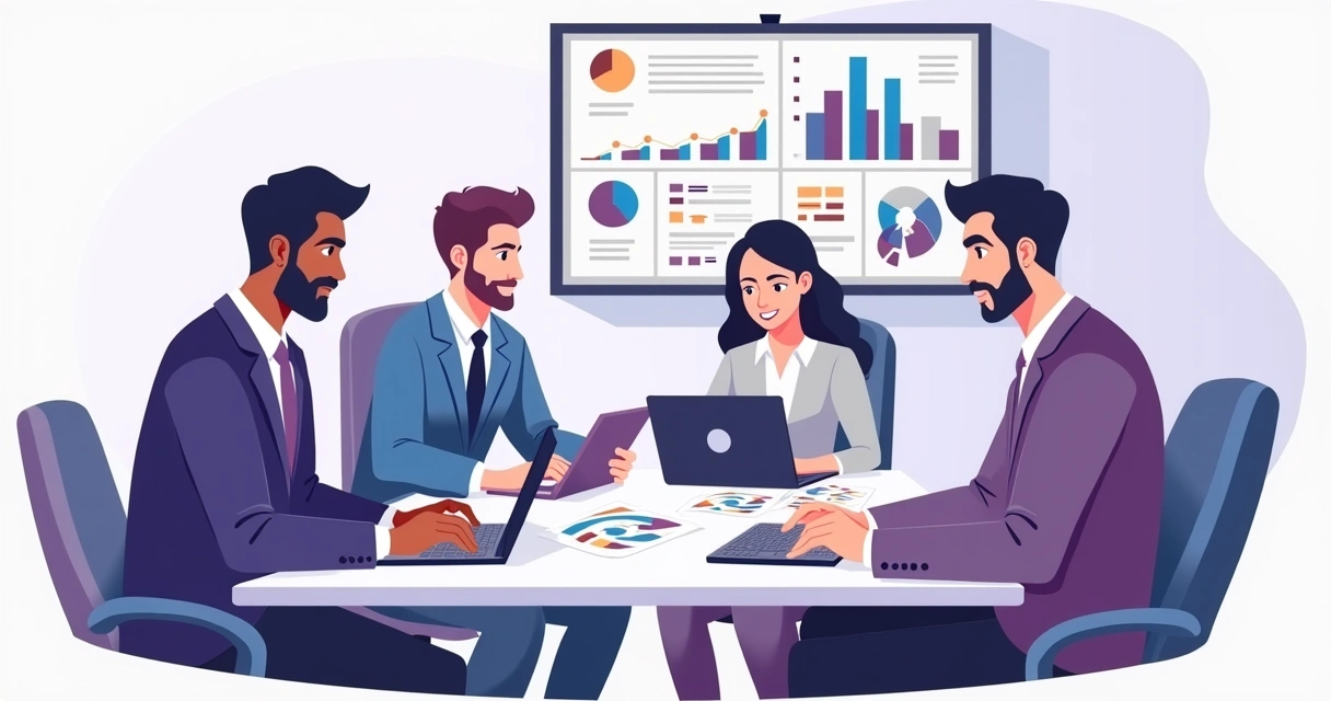 Sales team around a table with charts and laptops 