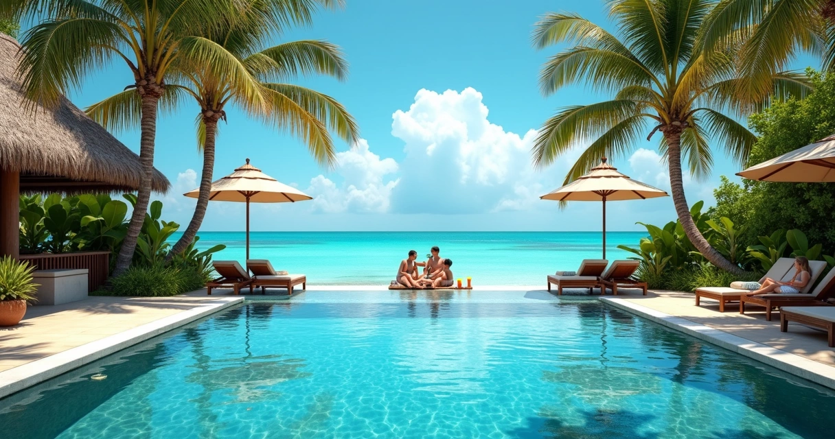 Piscina com borda infinita e coqueiros em resort no litoral nordestino 