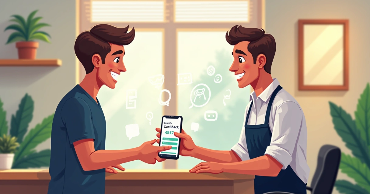 Área de recepção de barbearia moderna com cliente recebendo celular com tela de saldo de cashback 