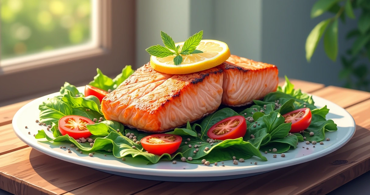 Prato apresentado com salmão grelhado, salada colorida e sementes de chia, simbolizando a redução da inflamação.