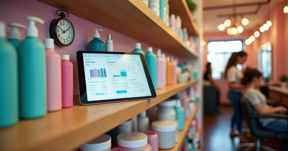 Interior de um salão de beleza bem organizado, com produtos expostos e um tablet mostrando controle de estoque.