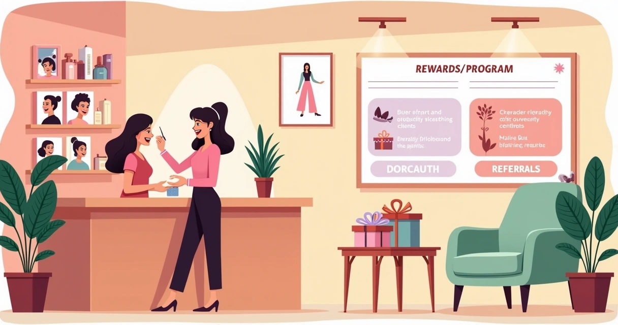 Ilustração de um salão de beleza acolhedor com sistema de recompensas, incluindo prêmios e descontos.