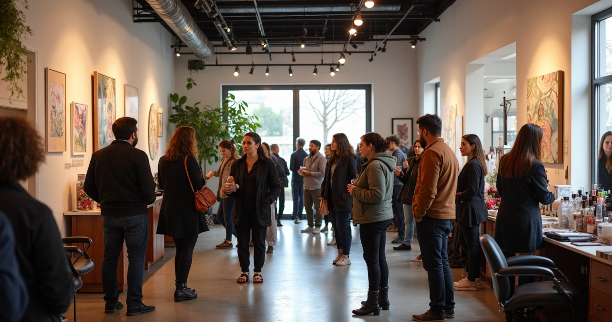 Beauty salon community event with clients and artists mingling 