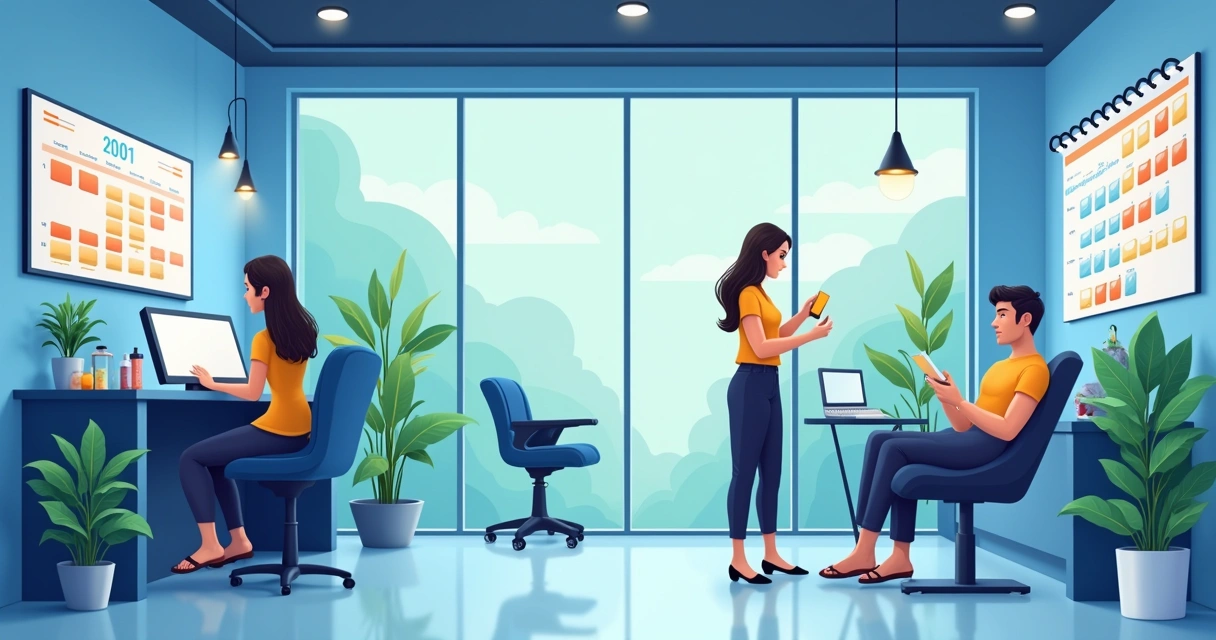 Interior de um salão moderno com recepcionista, clientes e agendamento digital em um ambiente organizado.