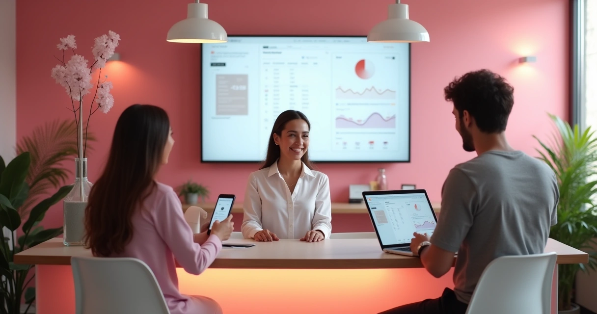Salão de beleza moderno com recepcionista usando computador, cliente agendando no celular e gráficos financeiros.