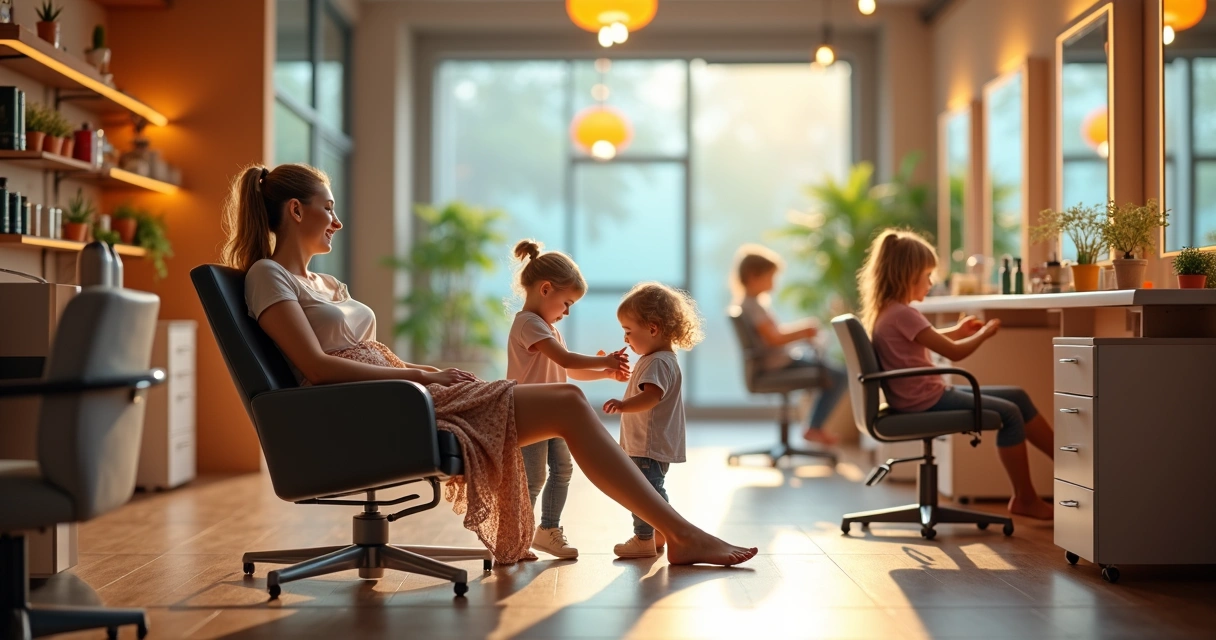 Mãe e filhos interagindo em área kids dentro de salão de beleza. 