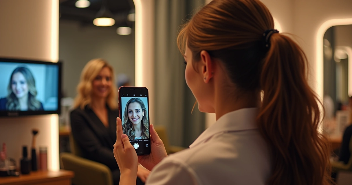 Cabelereira tirando foto de cliente feliz no salão 