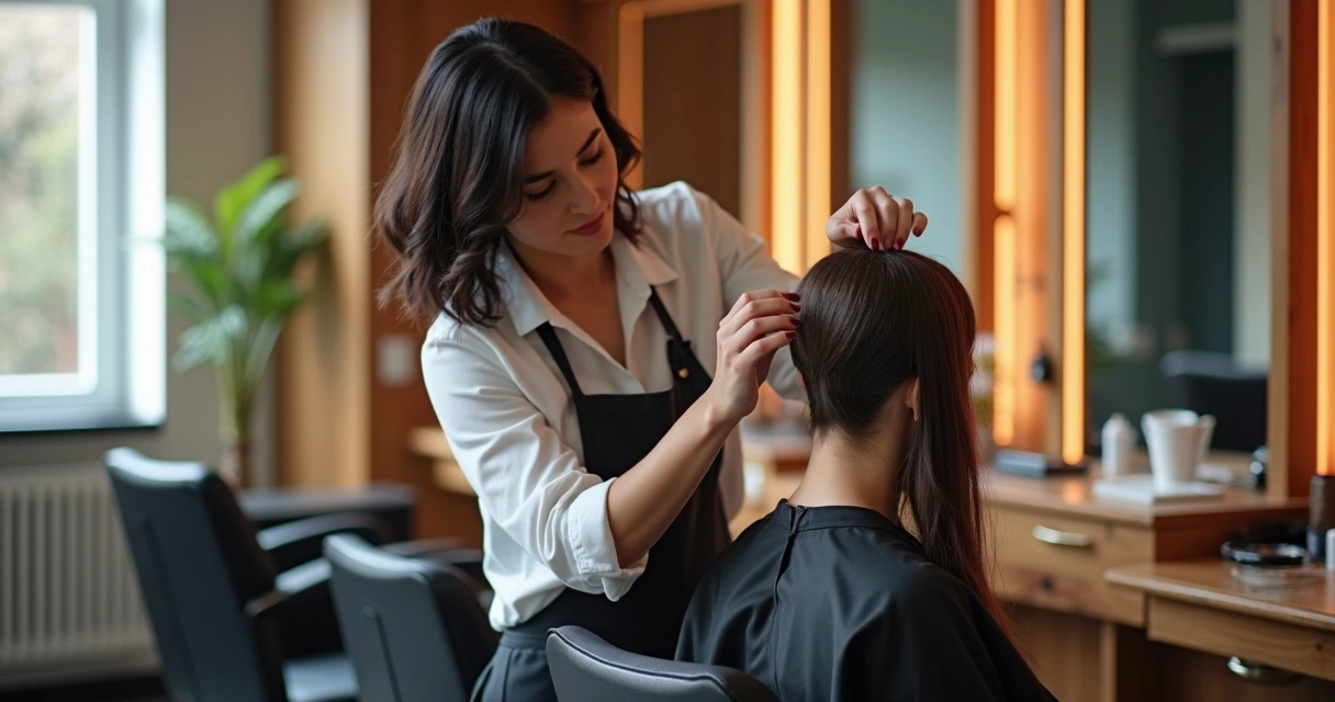 Stylist examining scalp in a modern salon chair
