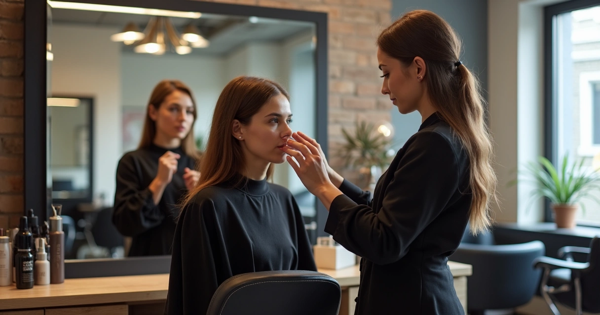 Stylist consulting a client in front of a salon mirror
