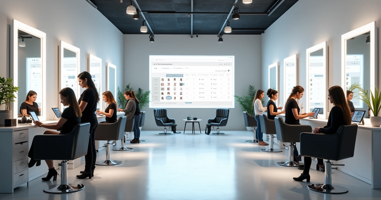 Salão de beleza moderno com telas digitais no balcão de atendimento 