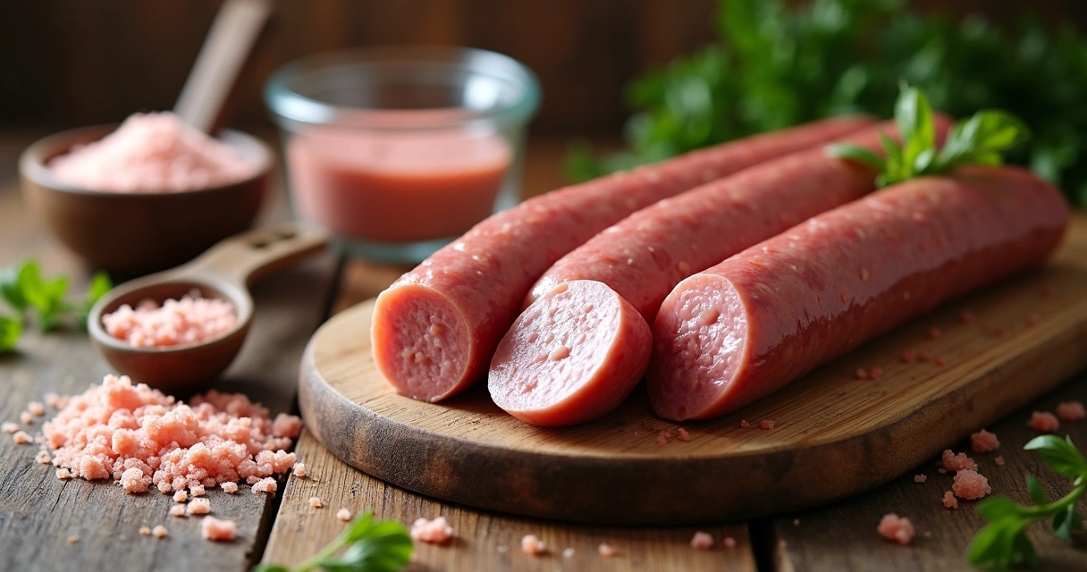 Linguiças frescas em tábua de madeira ao lado de potes de sal de cura 