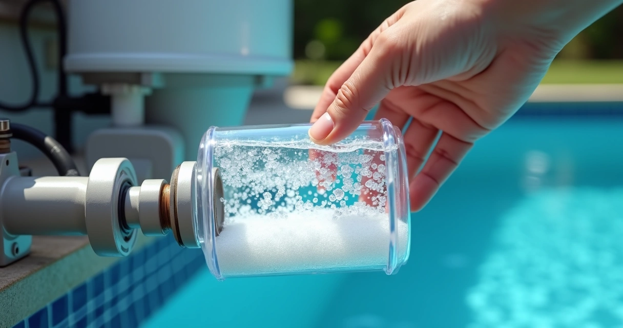 Person inspecting pool salt cell for bubbles 