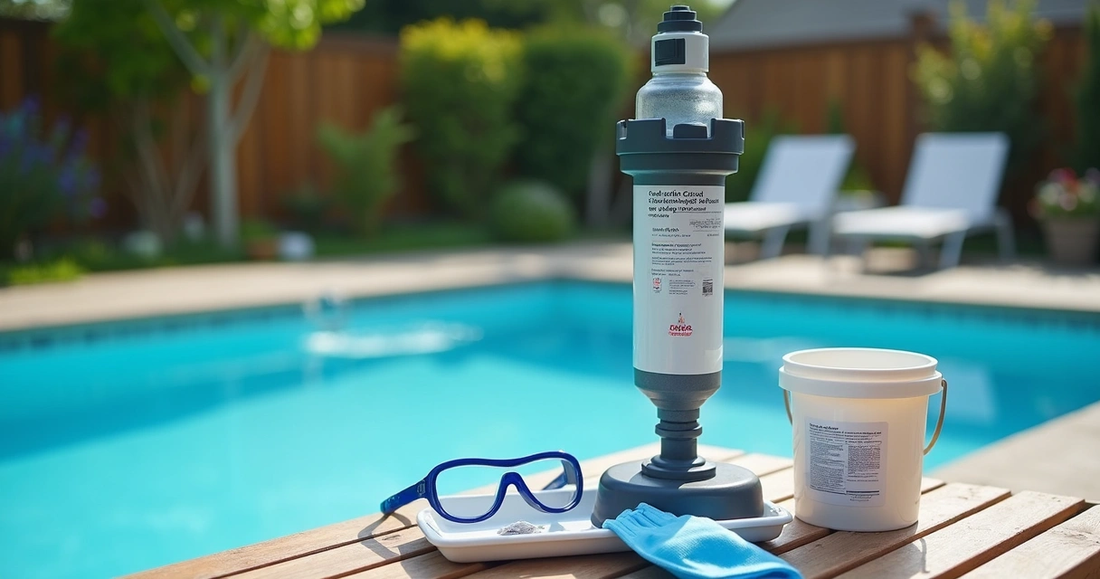 Pool salt cell upright in a cleaning stand with safety gear and rinse hose nearby