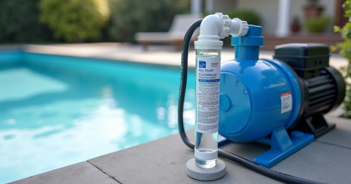 Salt chlorinator cell beside residential pool equipment 