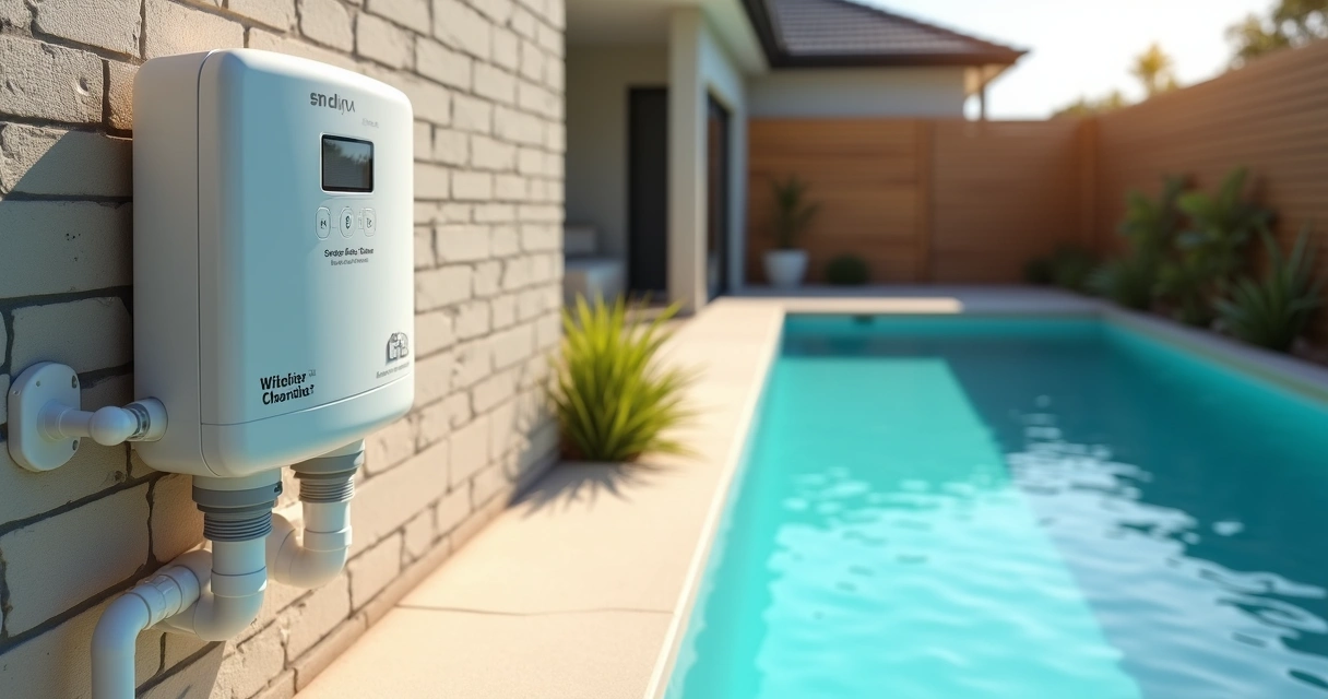 Close-up of salt water chlorinator installed beside clear backyard pool 