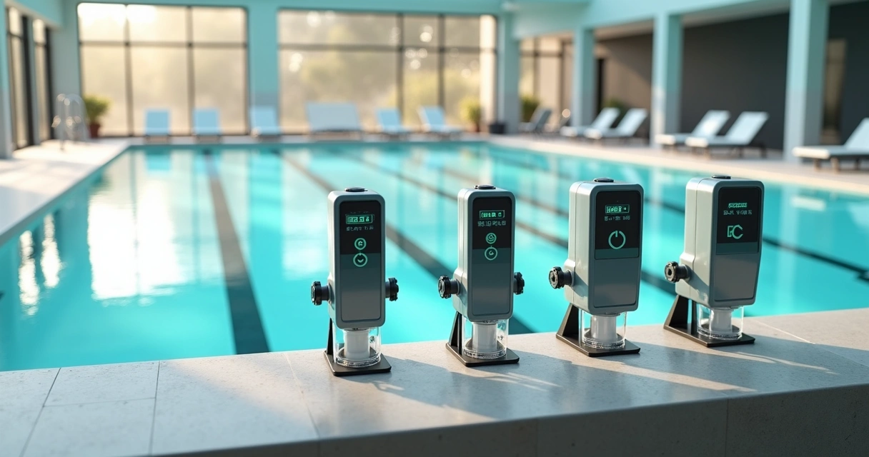 Four salt water chlorinators displayed beside indoor pool with comparison overlay 