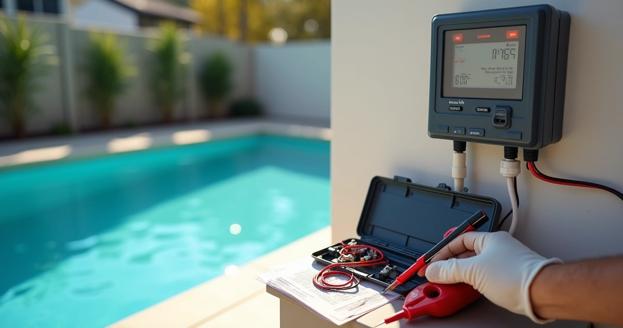 Pool technician inspecting a salt water chlorinator control panel with warning lights on. 