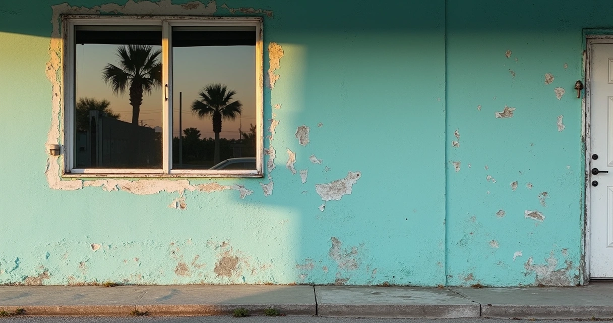Close-up of coastal building facade with paint damaged by salt in Florida