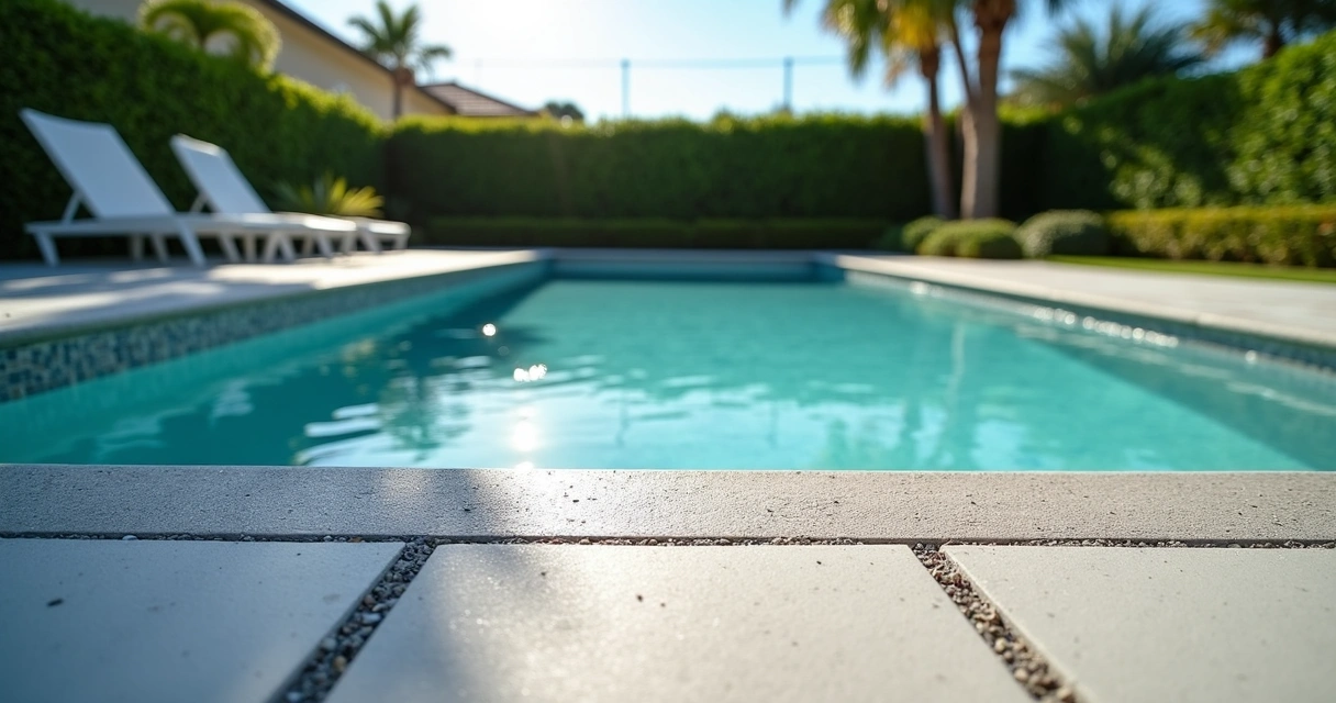 Salt finish concrete pool deck beside a blue swimming pool in Florida 