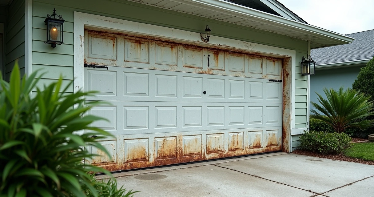Garage door with visible salt-stained corrosion in Central Florida 