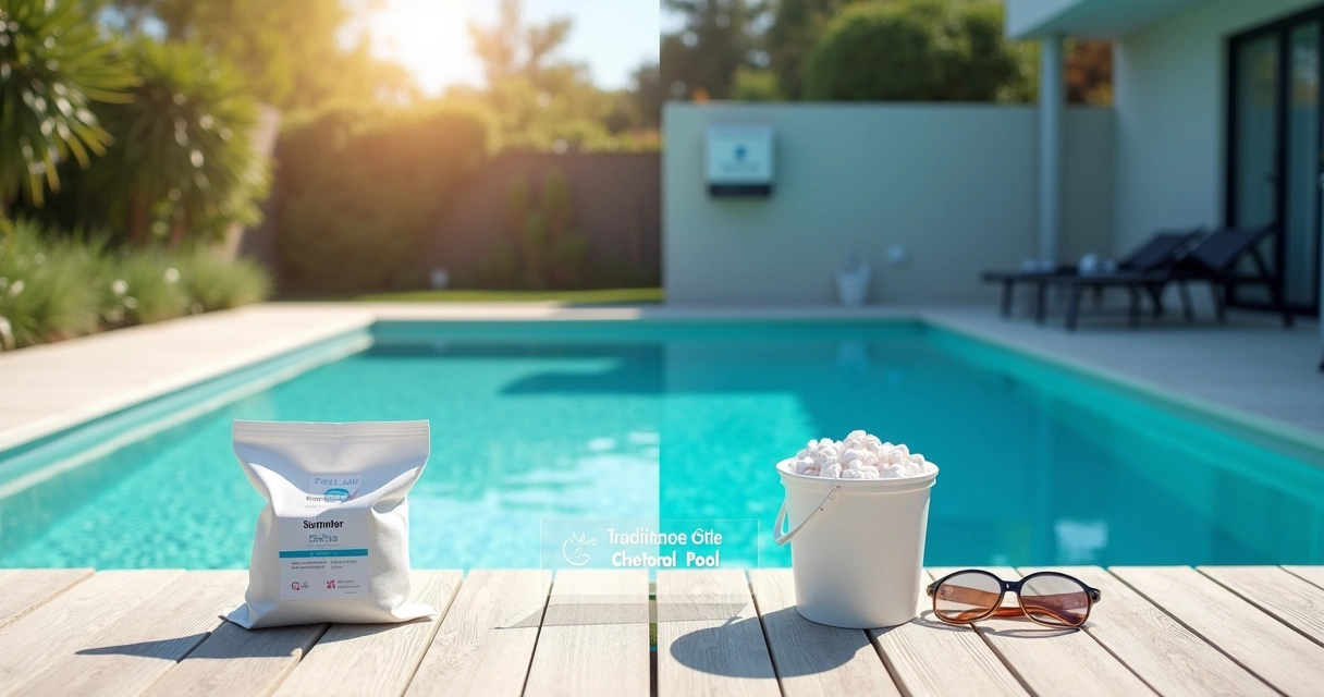 Side by side view comparing a saltwater pool and a chlorine tablet pool 