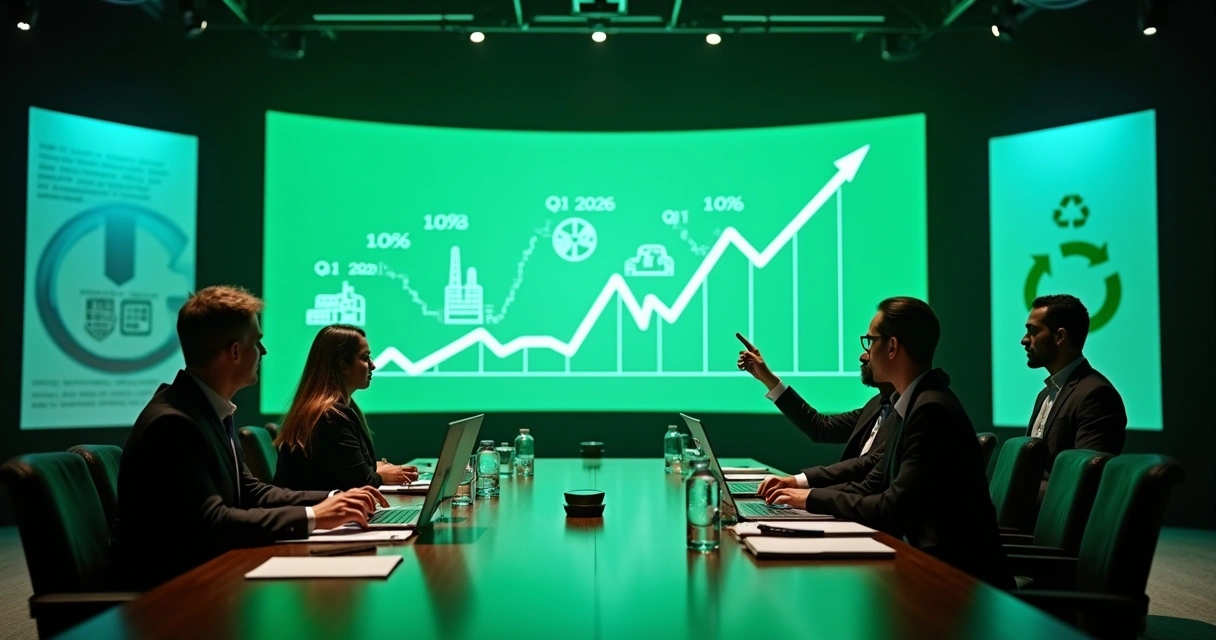 Painel digital com gráfico em alta formado por ícones de reciclagem e empresas 
