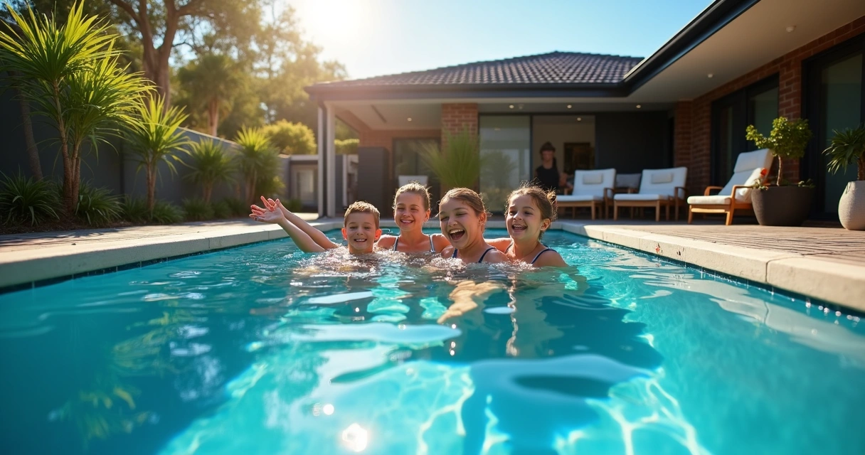 Clean saltwater backyard pool with family swimming 