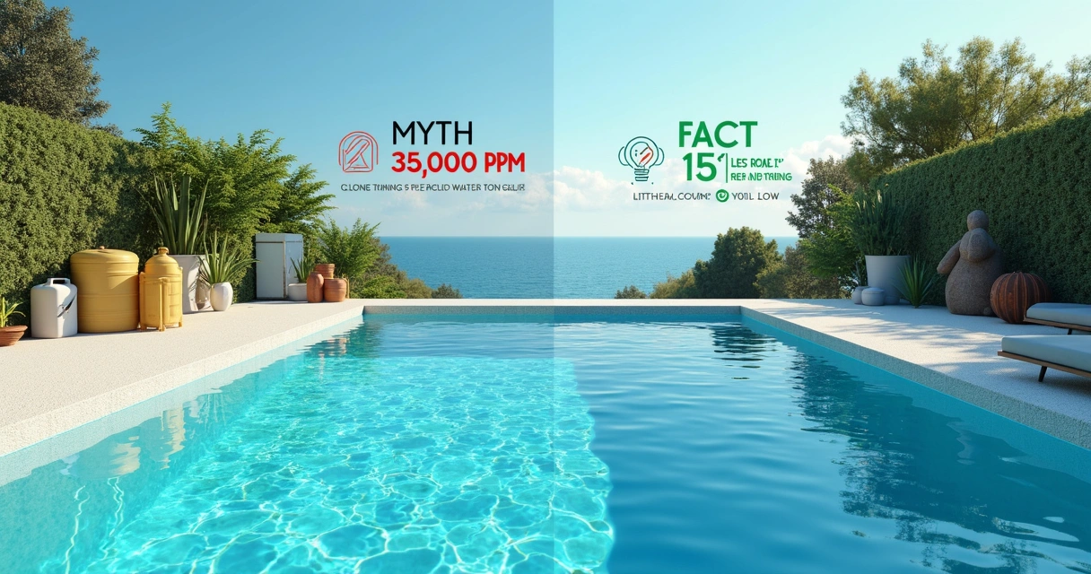 Split scene comparing harsh chlorine pool to calm saltwater pool with myth and fact icons 
