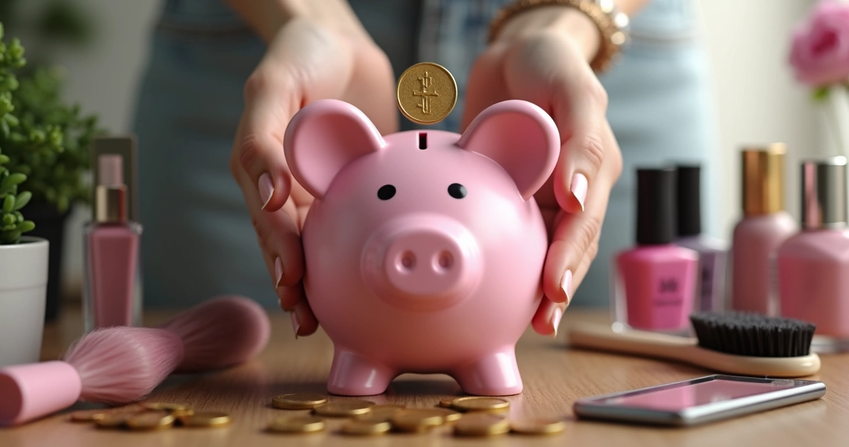 Duas mãos depositando moedas em um cofre de porquinho, ao lado de produtos de beleza 
