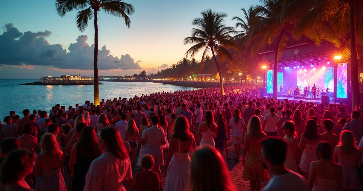 Multidão celebrando Réveillon na orla da Barra em Salvador, palco ao fundo, clima festivo tropical 