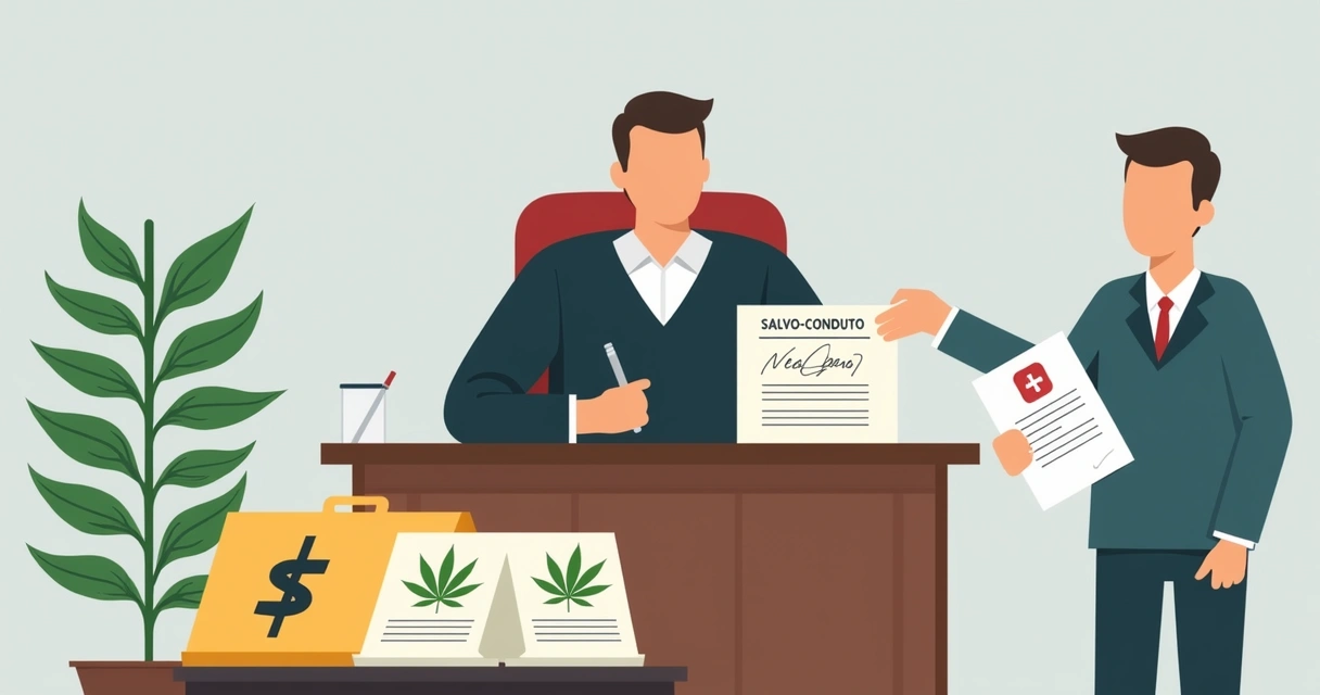 Juiz concedendo salvo-conduto em tribunal, documentos de cannabis medicinal na mesa 