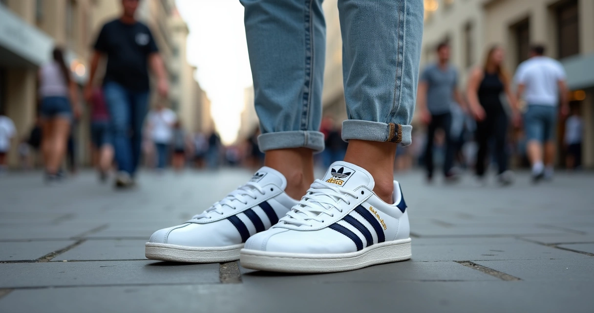 Pessoa usando um tênis Adidas Samba em uma rua movimentada, com roupas casuais 