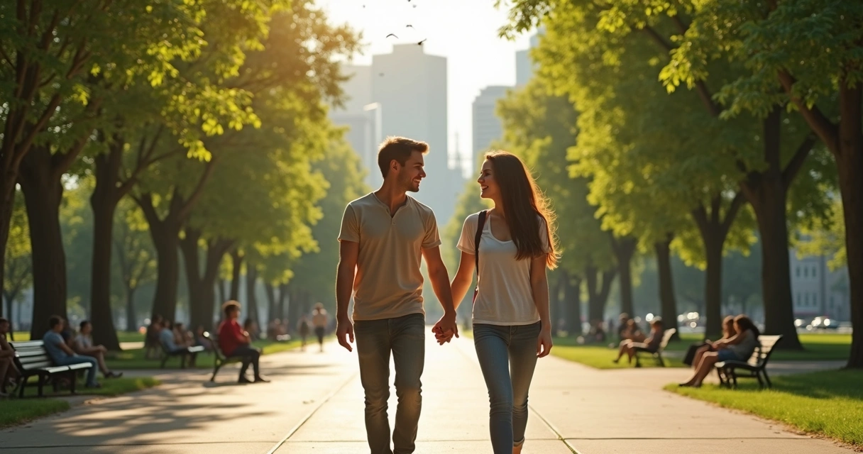 Same-sex couple walking together in a park on a sunny day 