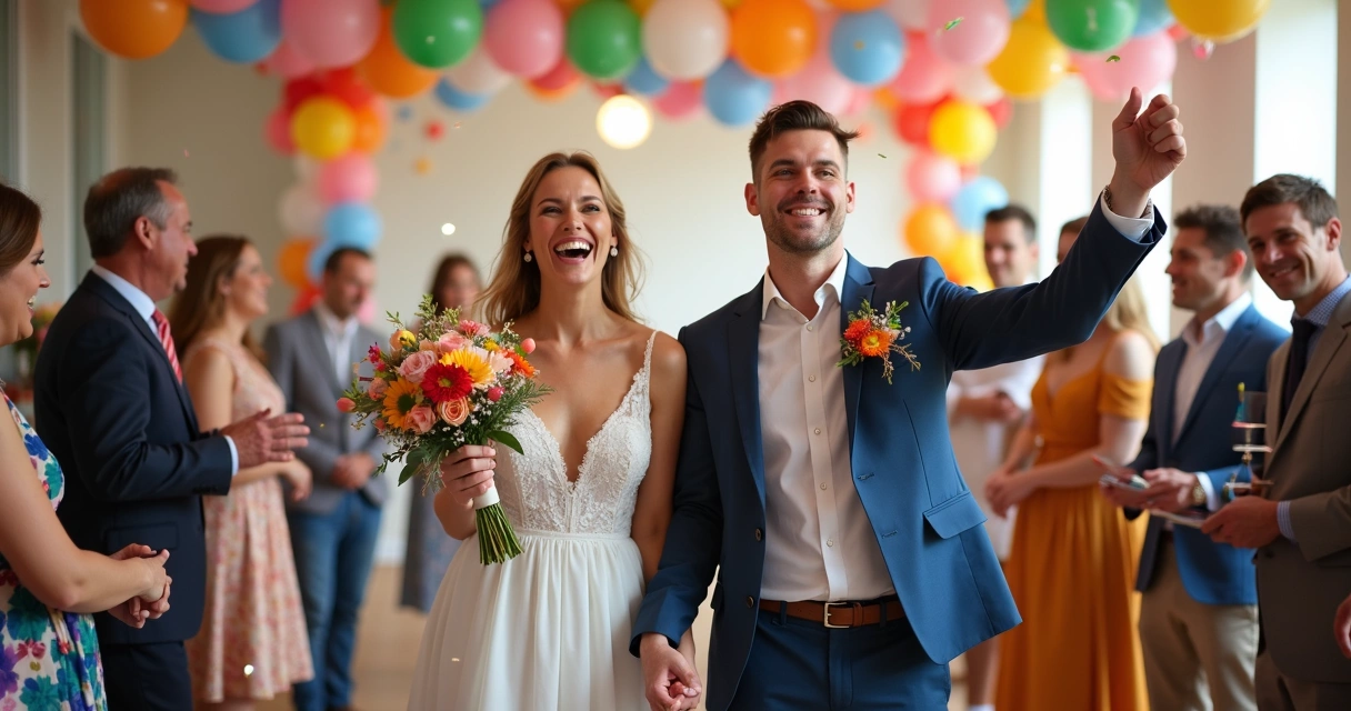 Same-sex marriage celebration with rainbow decorations