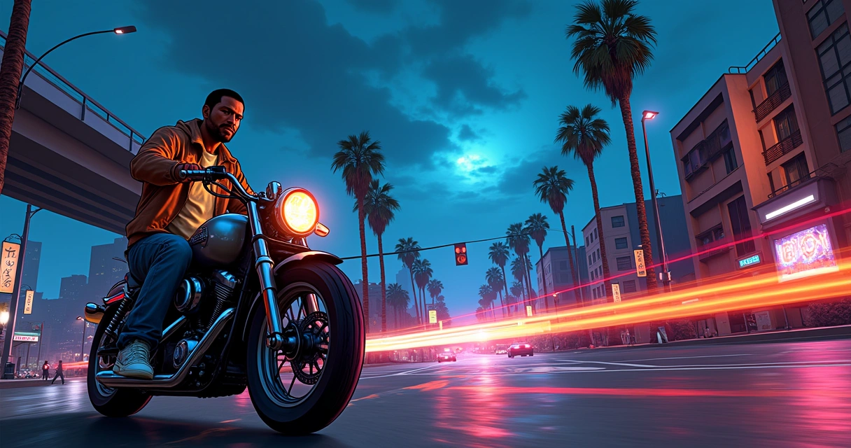 Cenário noturno da cidade de San Andreas, com CJ ao lado de uma motocicleta sob luzes de neon.