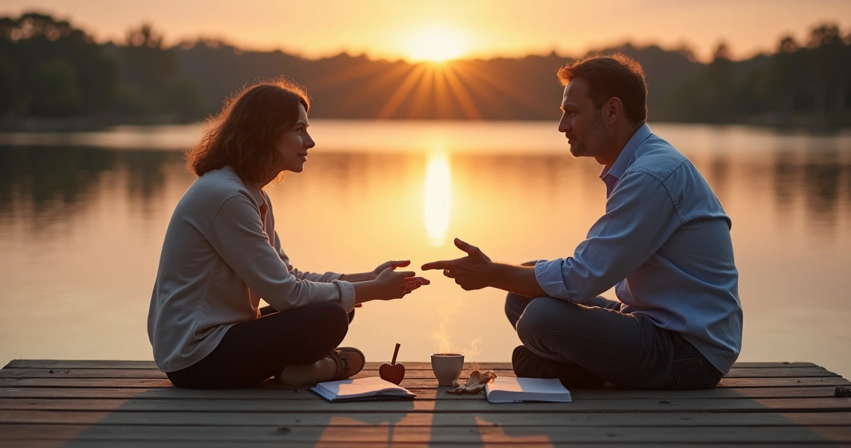 Dos personas sentadas frente a frente sobre un puente al atardecer tendiendo la mano para reconciliarse 