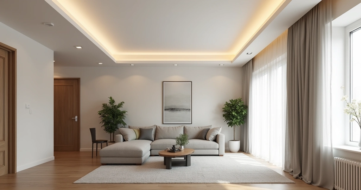Sanca aberta de gesso com iluminação em sala de estar moderna 