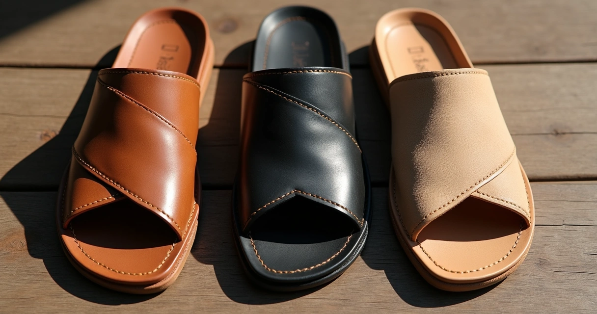 Sandálias masculinas de couro, napa e nobuck vistas de cima 