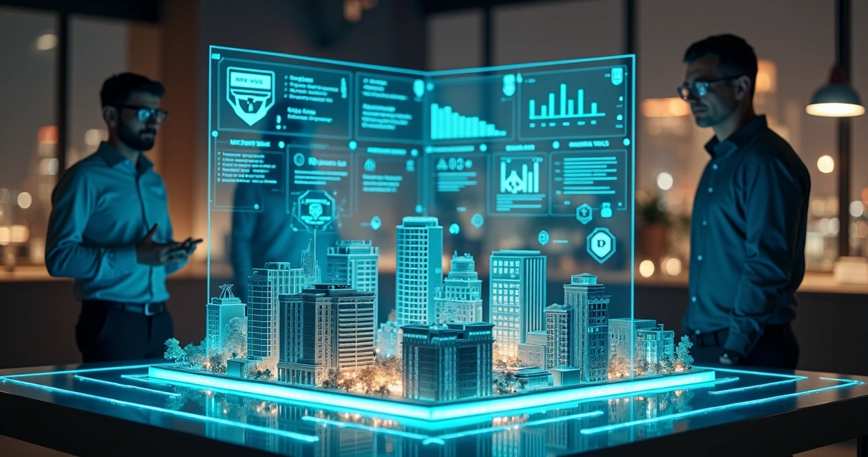 Laboratório financeiro com maquete de cidade conectada e painel digital de regras bancárias 