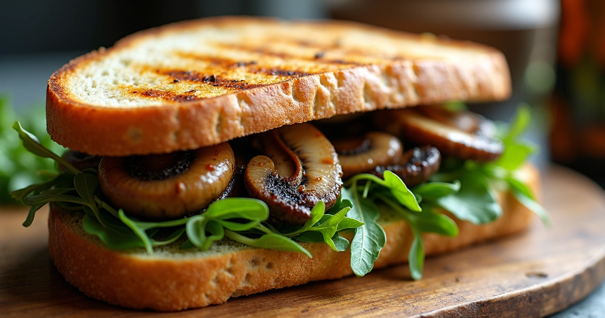 Sanduíche de cogumelos salteados e rúcula em pão rústico 