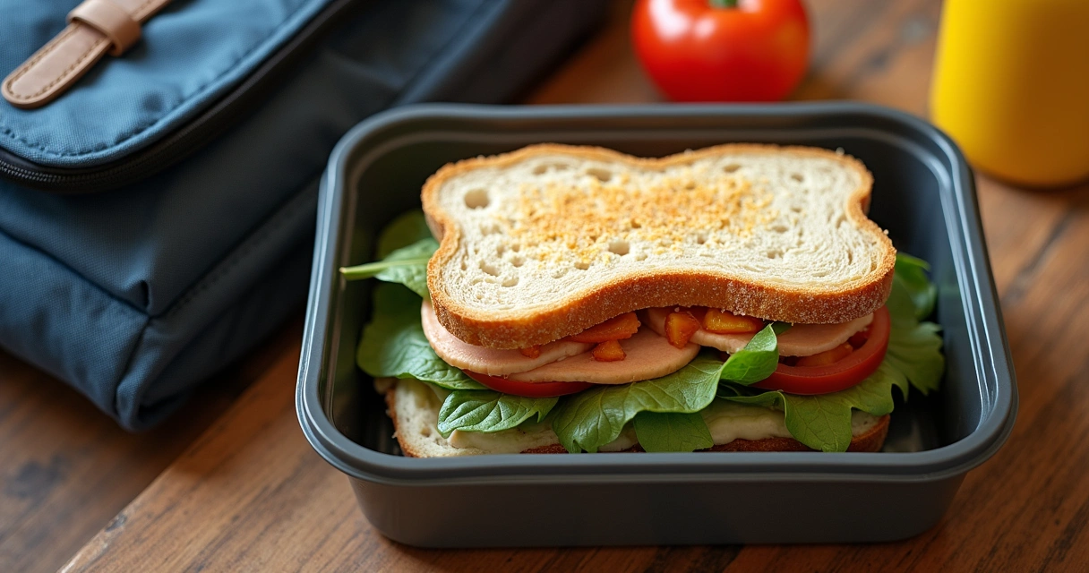 Sándwich de desayuno en envase, listo para llevar, sobre una mesa 
