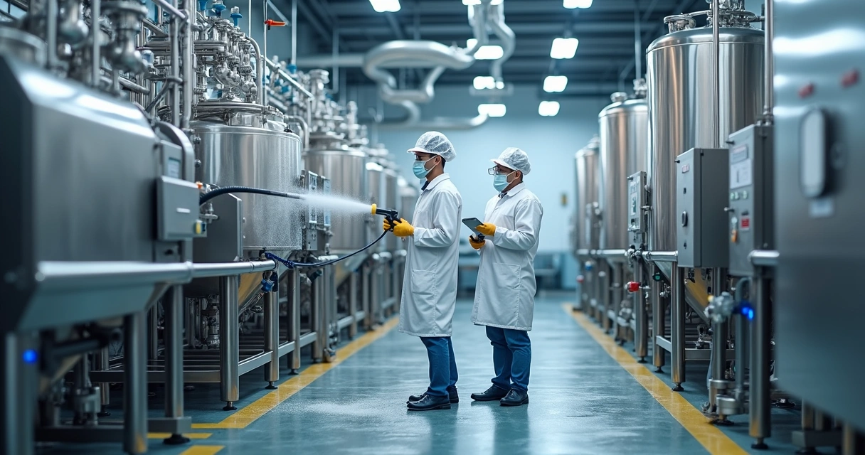 Equipe higienizando equipamento industrial complexo em fábrica de alimentos 