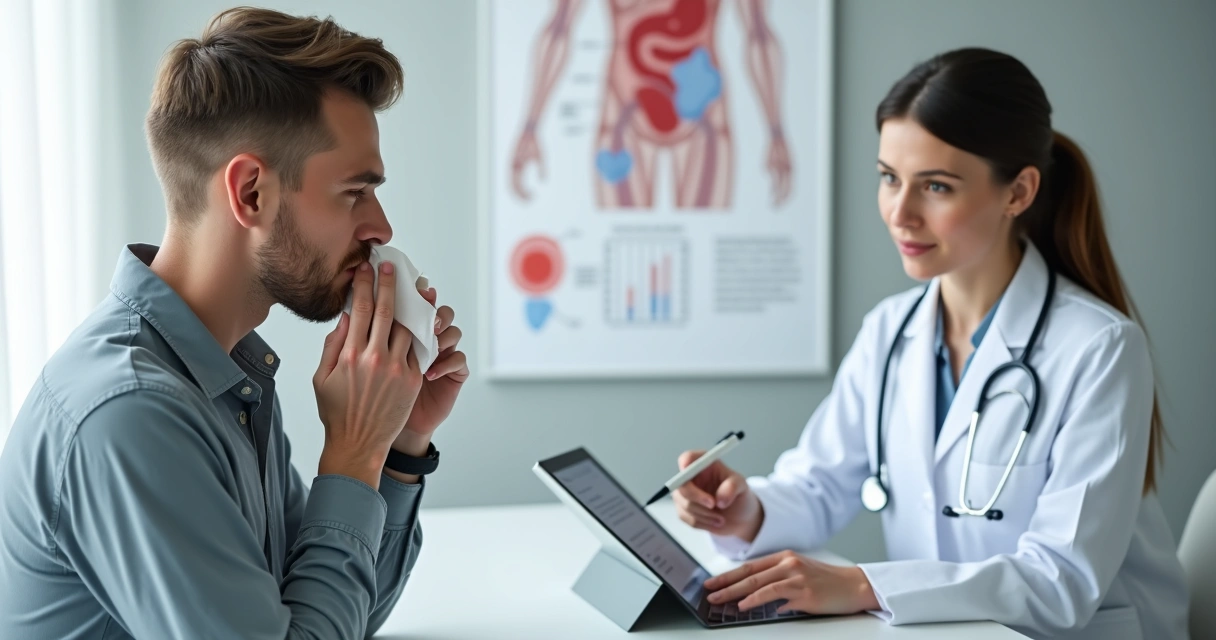Pessoa adulta com sangramento leve no nariz e gengiva em consulta com hematologista. 