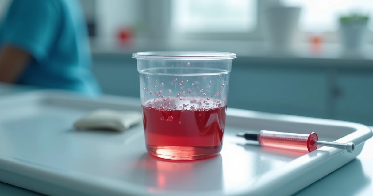 Sêmen avermelhado em pote de exame ao lado de uma seringa 