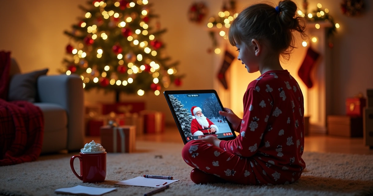Child watching a personalized Santa video wish list on a phone, with Christmas lights and festive decorations in the background.