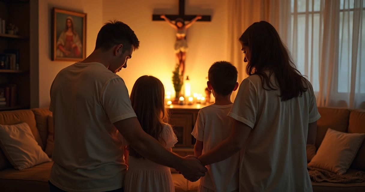 Família católica rezando junta em casa 