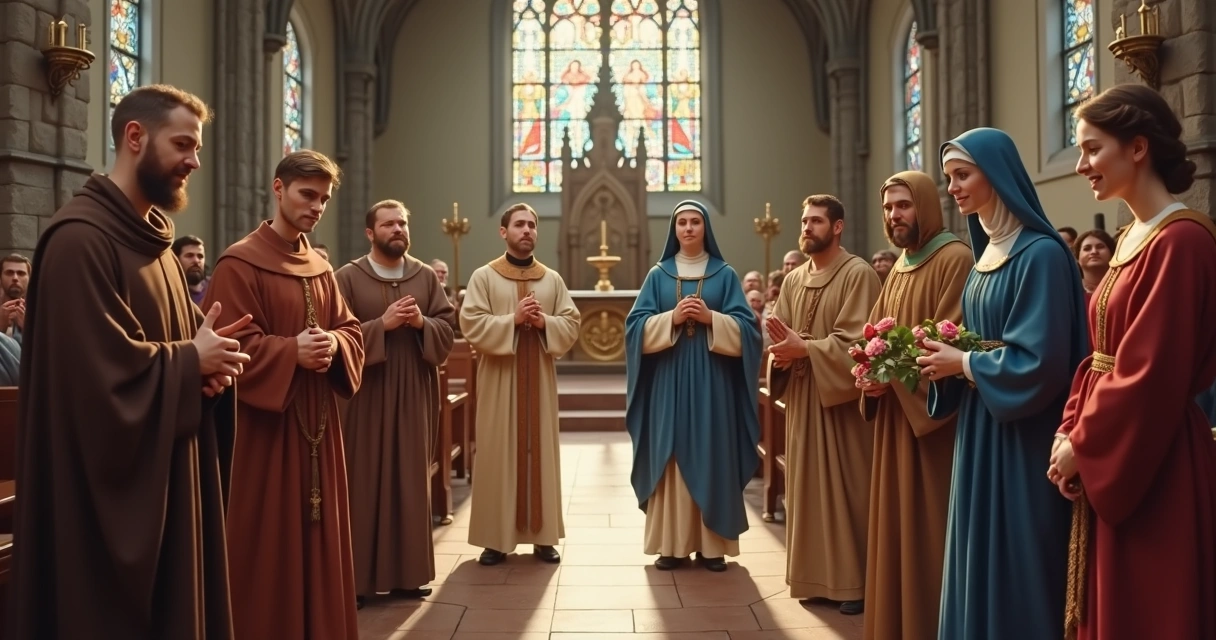 Santos católicos reunidos em igreja católica 