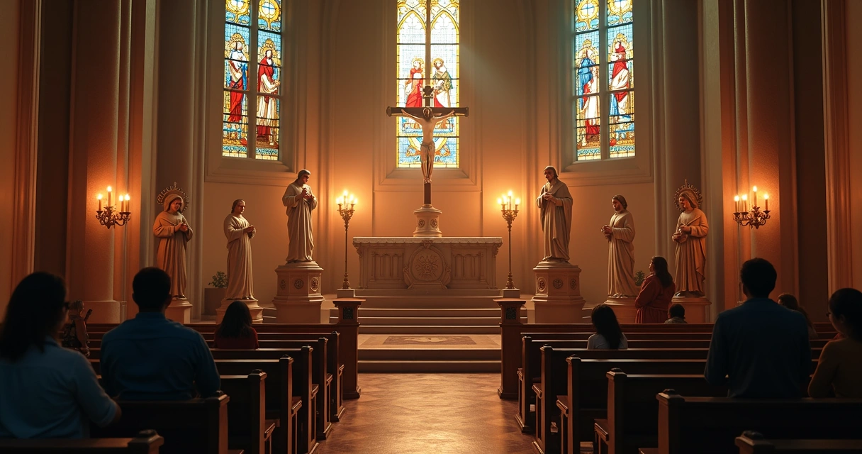 Igreja católica com estátuas de santos em destaque e fiéis em oração à luz de velas 