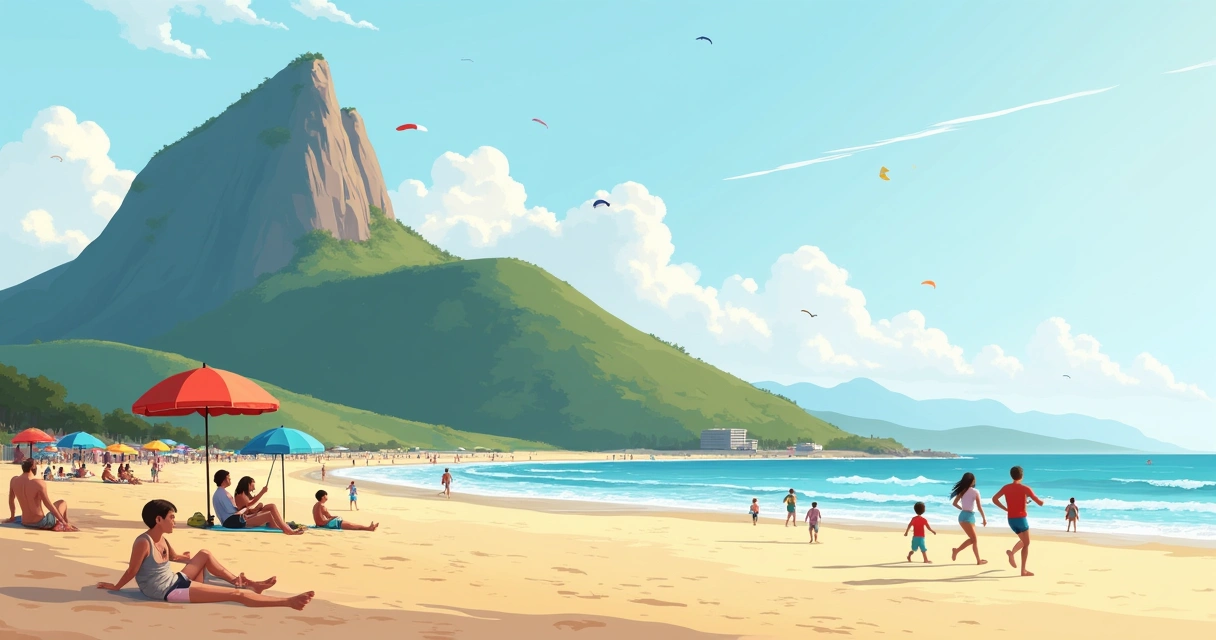 Famílias praticando esportes e relaxando na praia de São Conrado, com a Pedra da Gávea ao fundo 