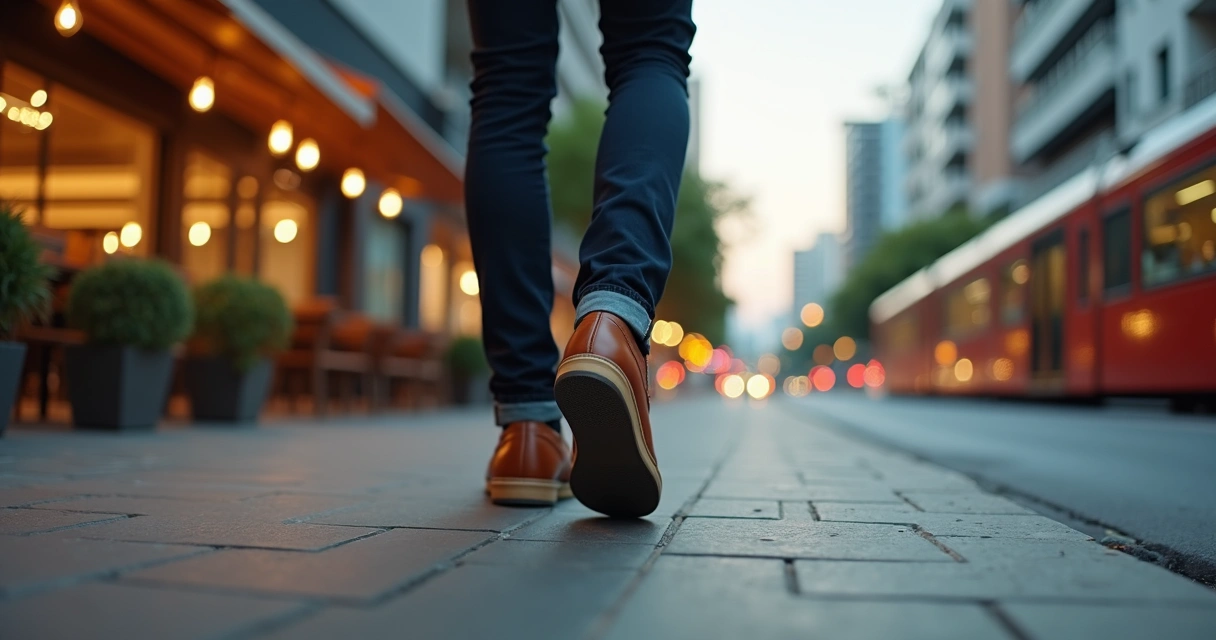 Homem caminhando em rua urbana usando sapato casual masculino de couro marrom numa combinação estilosa e confortável 